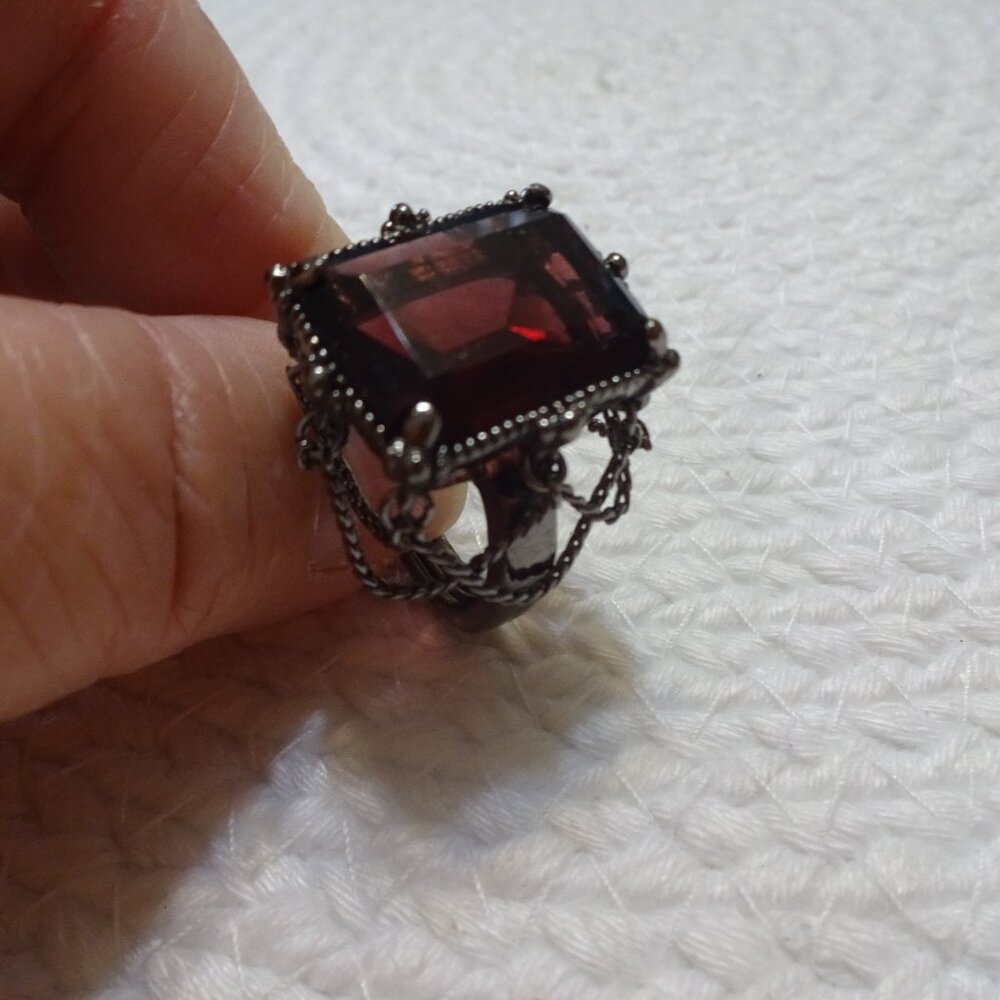 Unique PURPLE TOPAZ Handmade GUNMETAL with CHAIN Ring Size 10.25 Adjustable 862C